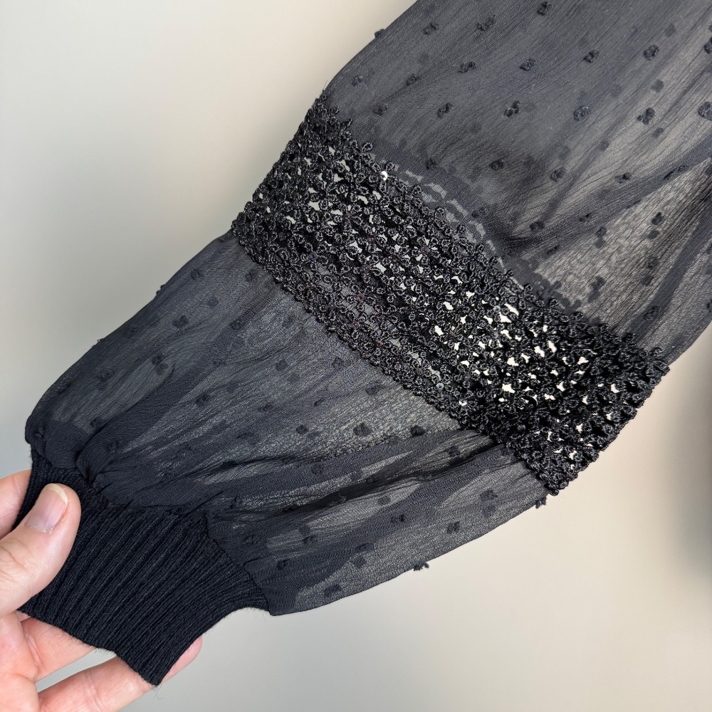 Leo & Ugo Paris Mock Neck Textured Lightweight Sweater Top Sheer Arms Black 4 - Picture 3 of 16